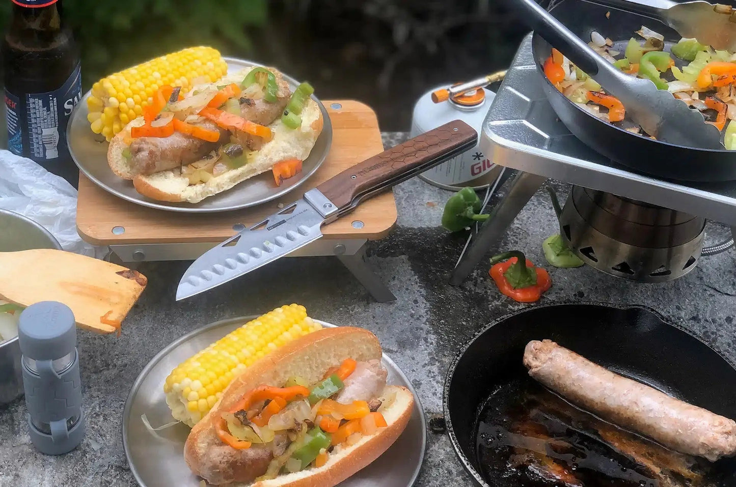 nCamp Elite Santoku-Style Food Prep Knife (Damastklinge/Walnussholzgriff) mit Lederetui