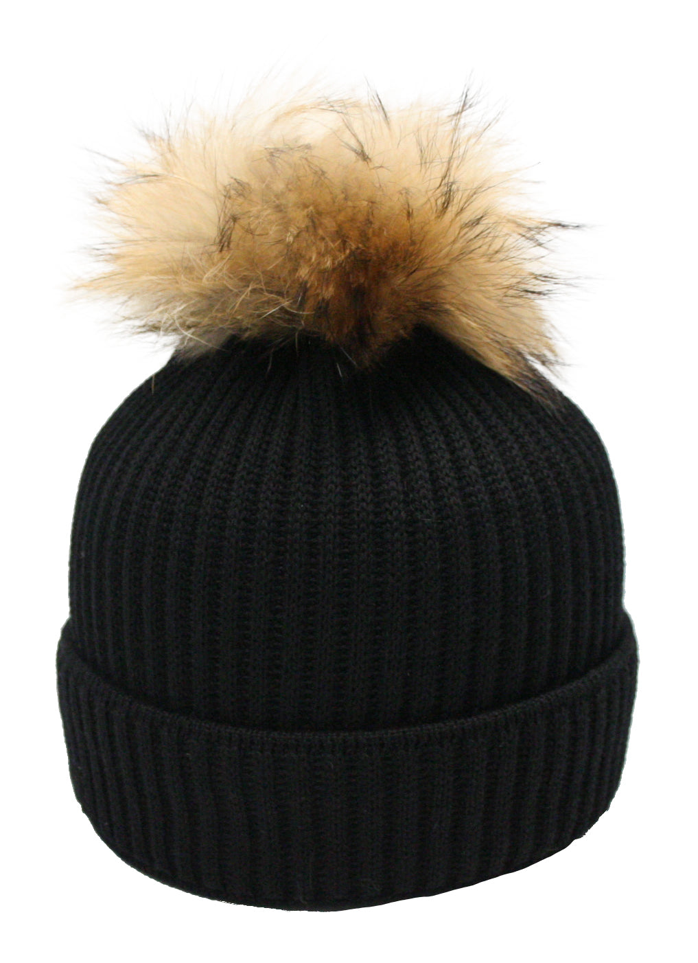 Merino-Strickmütze mit Echtfellbommel und Rippstrickmuster