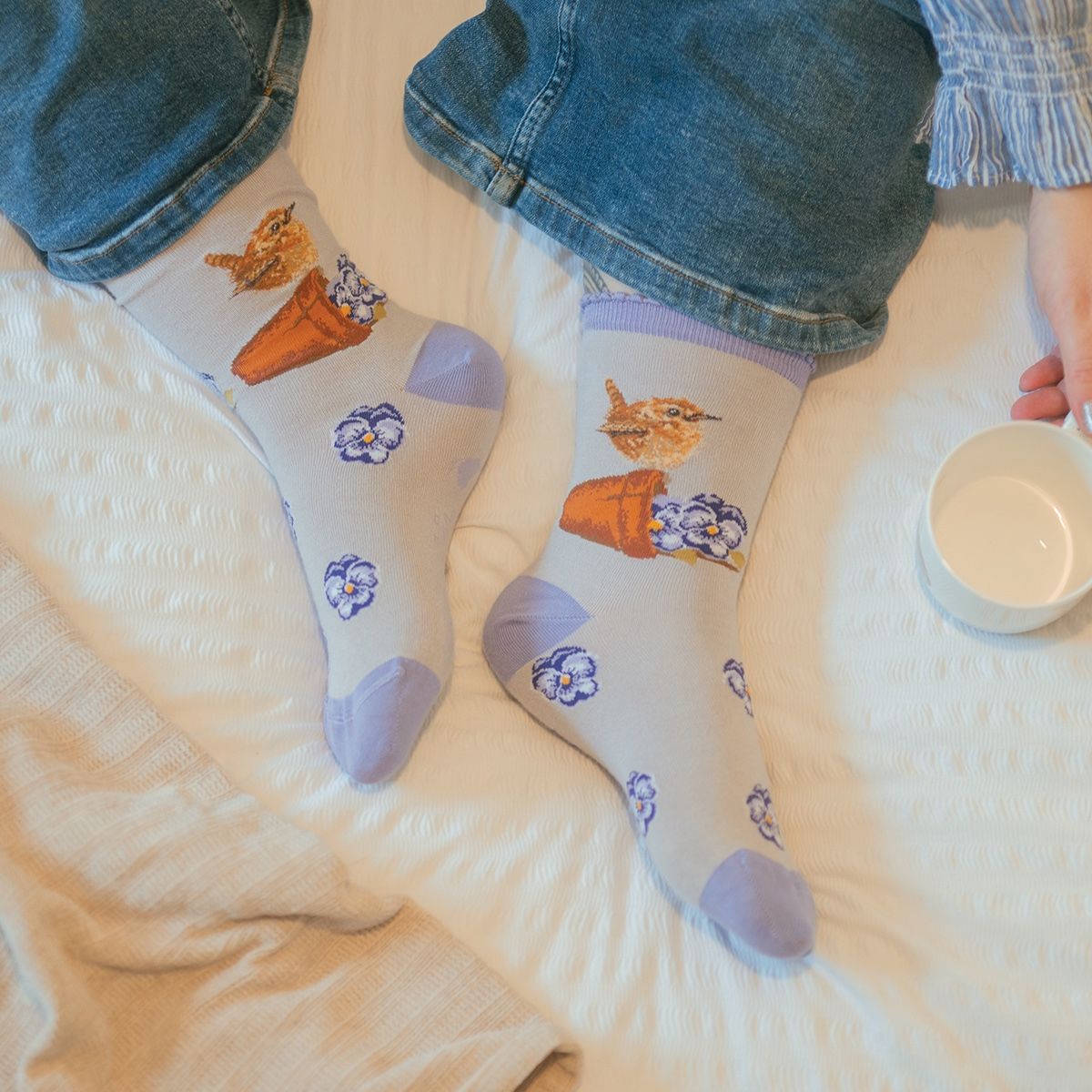 Wrendale Socken "Pottering About" mit Zaunkönig