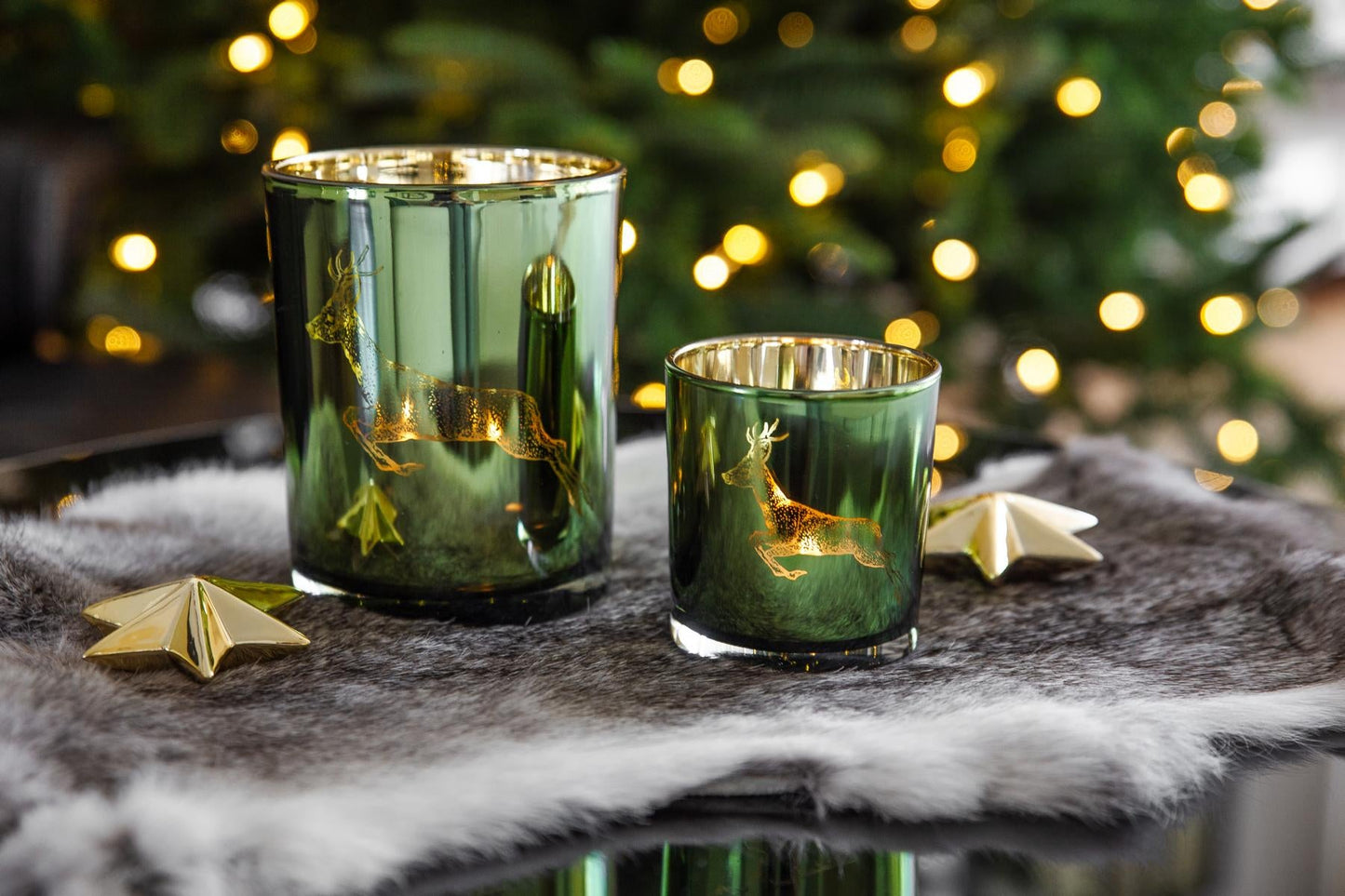 Teelichtglas Rehbock grün/gold