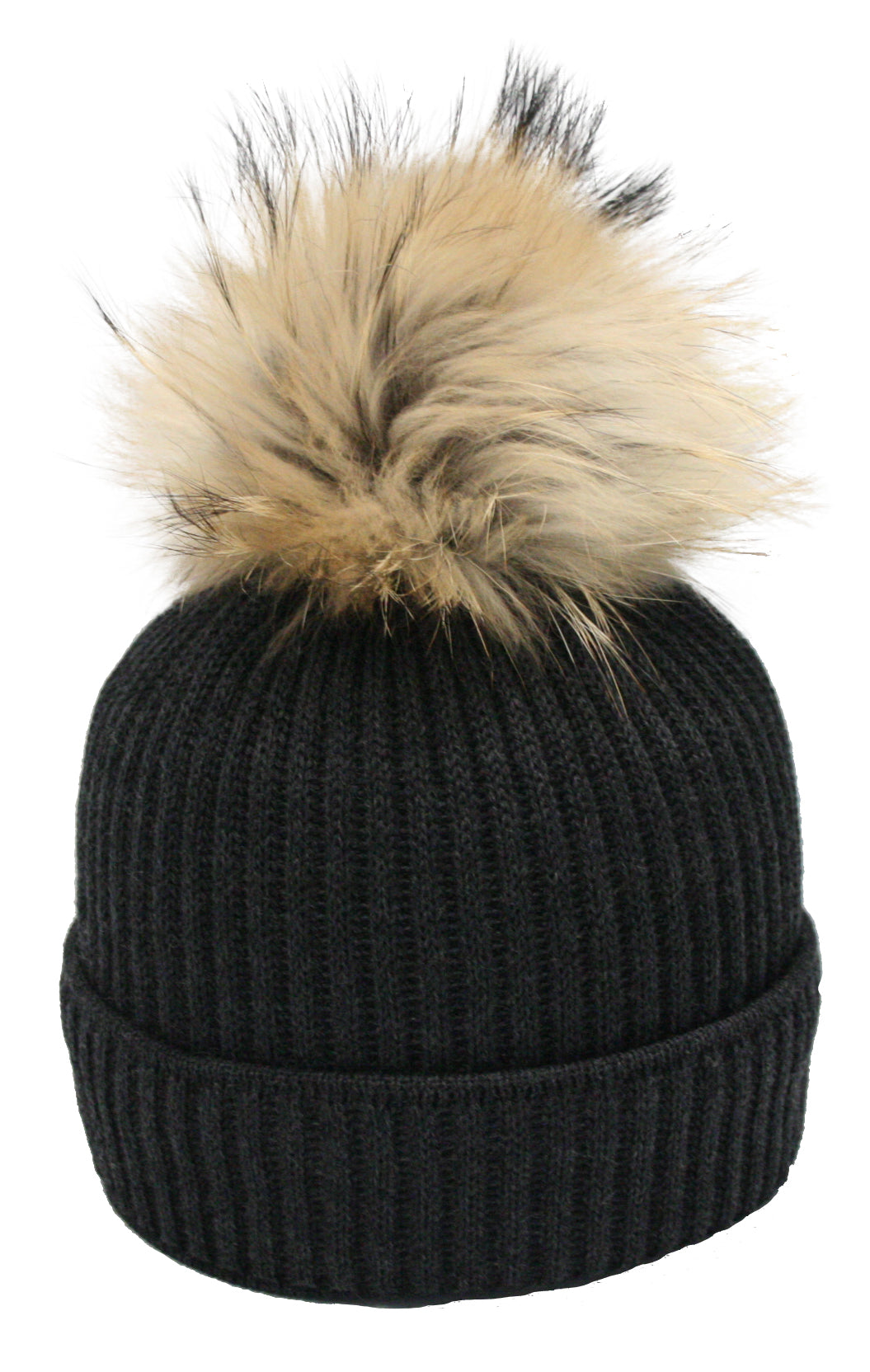 Merino-Strickmütze mit Echtfellbommel und Rippstrickmuster