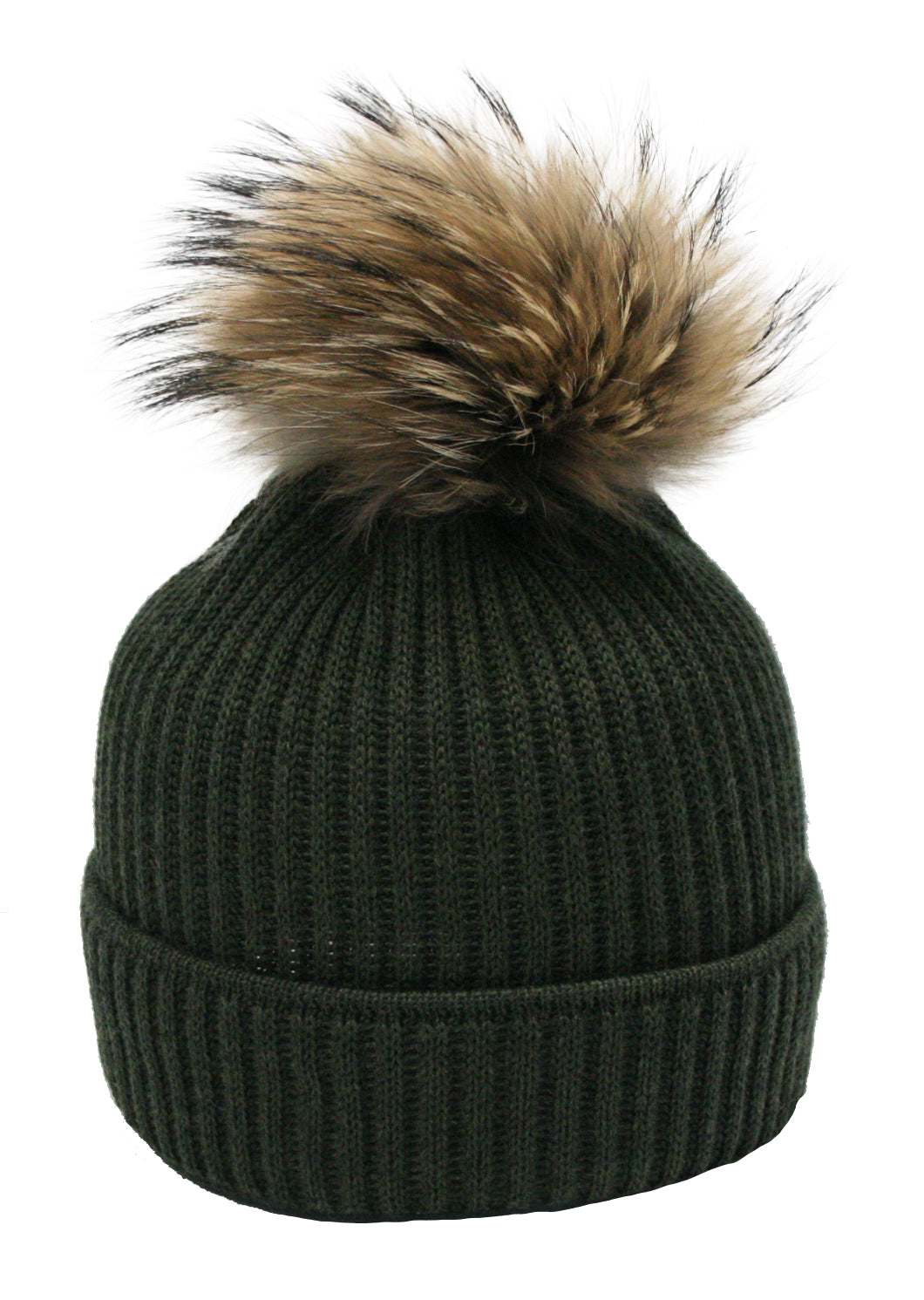 Merino-Strickmütze mit Echtfellbommel und Rippstrickmuster