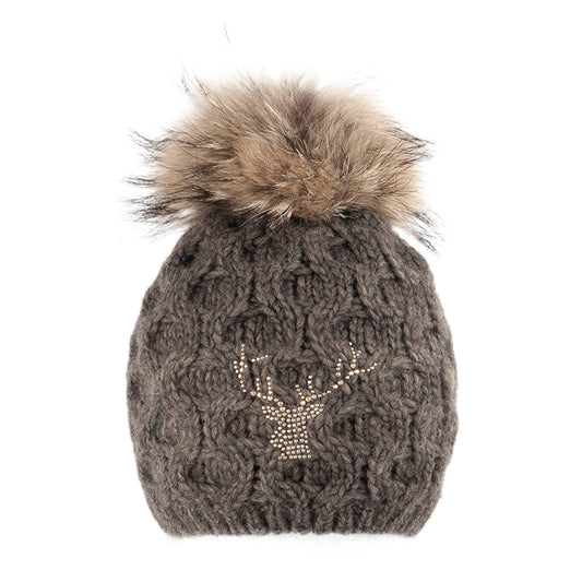 Strickmütze mit Echtfellbommel und Hirschmotiv