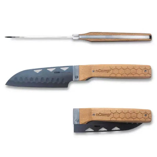 nCamp Premium Santoku-Messer für die Zubereitung von Speisen (9cr18Mov Klinge/Buchengriff) mit Nylon