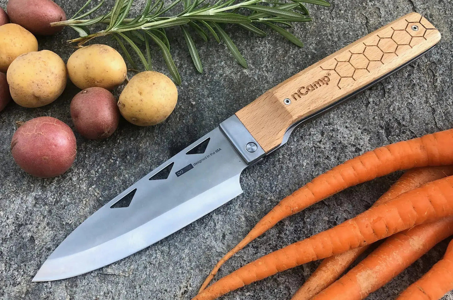 nCamp Premium Kochmesser (9cr18Mov Klinge/Buchengriff) mit Nylontasche