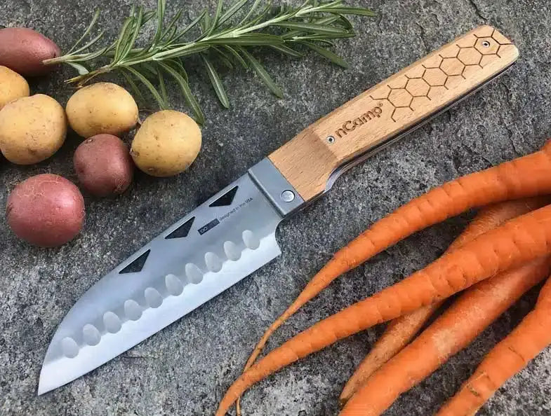 nCamp Premium Santoku-Messer für die Zubereitung von Speisen (9cr18Mov Klinge/Buchengriff) mit Nylon