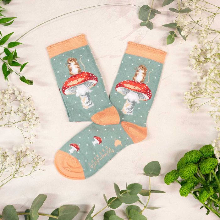 Wrendale Socken "He's a Funghi" mit Maus und Pilz
