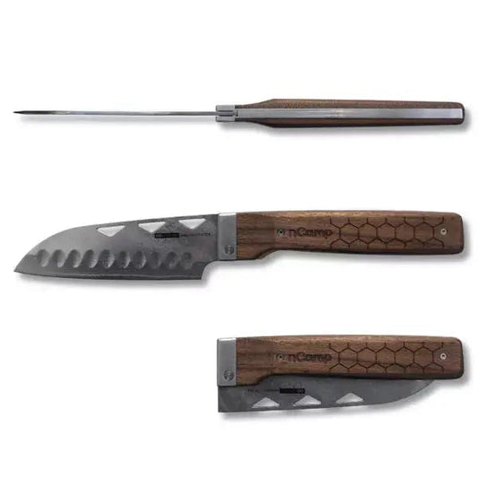 nCamp Elite Santoku-Style Food Prep Knife (Damastklinge/Walnussholzgriff) mit Lederetui
