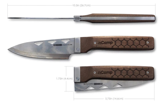 nCamp Elite Chefkochmesser (Damastklinge/Walnussholzgriff) mit Lederetui