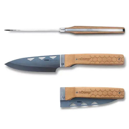 nCamp Premium Kochmesser (9cr18Mov Klinge/Buchengriff) mit Nylontasche