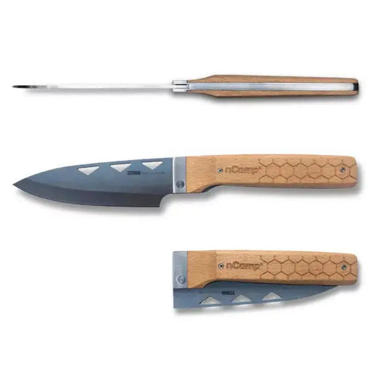 nCamp Premium Kochmesser (9cr18Mov Klinge/Buchengriff) mit Nylontasche